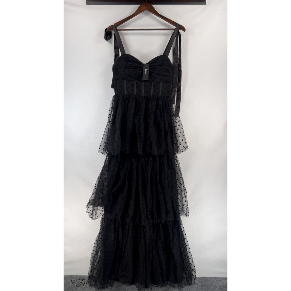 Lulus Billie Keyhole Cutout Swiss Dot Tiered Maxi Dress Polka Dot Coquette Small